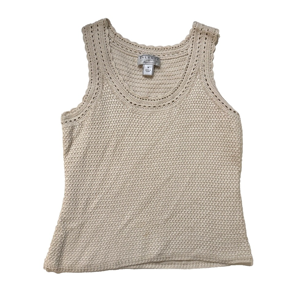 Talbots Sweater Womens Medium Beige Crochet Knit Sleeveless BOHO‎ Coquette